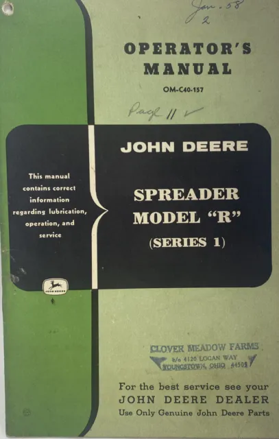John Deere Spreader Model R Operators Manual Vintage 1950's Farm Agriculture