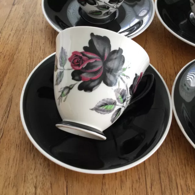 Royal Albert Masquerade 4 x tea cups & saucers red black rose design demitasse