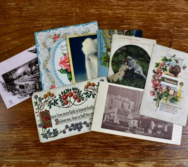VTG POSTCARDS GREETING CARDS Lot of 8 USED Antique French English Thanksgiving