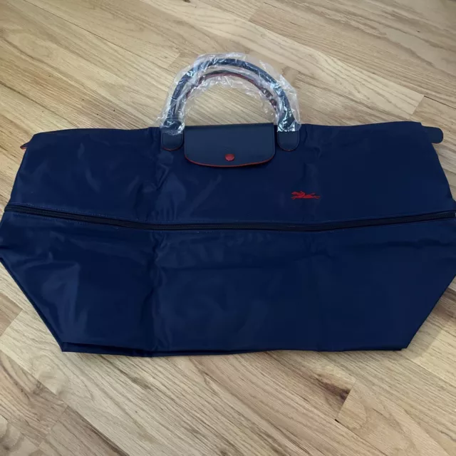 NEW Longchamp Le Pliage Expandable Nylon XL Travel Bag In Navy/Red Weekend Bag