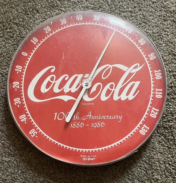 1986 100th Anniversary Coca-Cola Thermometer Clock Tru-Temp Made in USA 🔥🔥🔥🔥