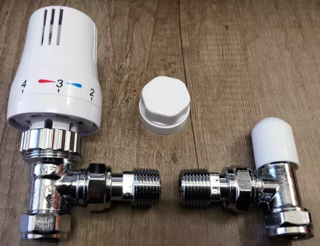 THERMOSTATIC RADIATOR VALVE 15 10 8 mm ANGLED PAIR TRV & LOCKSHIELD PACK SET HVT