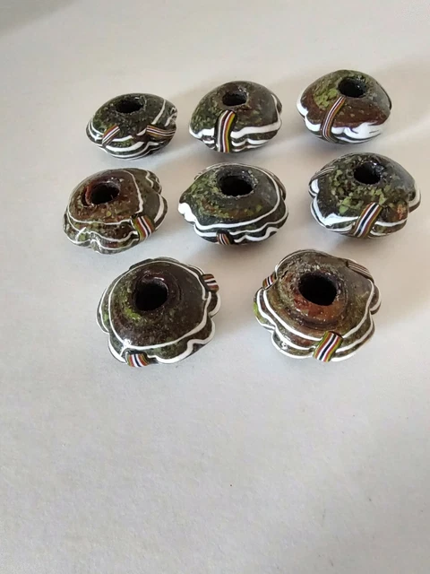 Vintage Lot of 8 Green Brown Ribbon Ceramic Resin Beads for Macrame 5