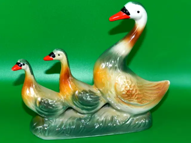 Vintage Lusterware Mother Goose & 2 Goslings Figurine Made In Brazil