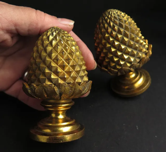 A Pair Of 19Th Century Heavy, Finely Cast, Gilt Brass Curtain Pinapple Finials