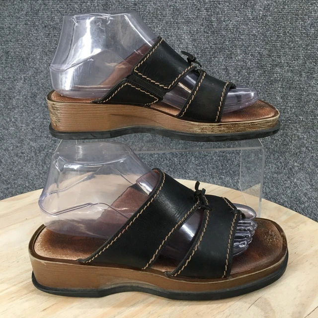 Clarks Sandals Womens 7.5 M Thong Wedge Slip On Black Leather Casual Comfort