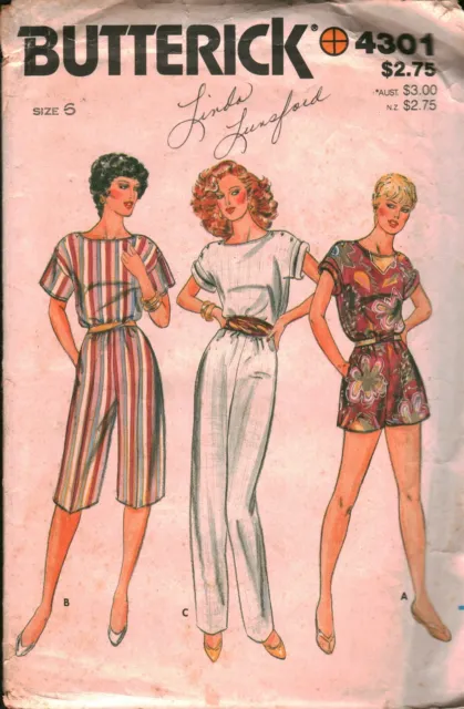4301 Vintage Butterick SEWING Pattern Misses Loose Fitting Jumpsuits 3 Lengths 6