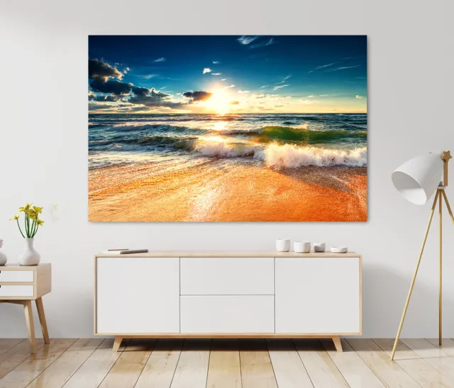 Acrylglas Bild Wandbild Poster Meer Sonnenuntergang Strand Kunst Bilder Wellen