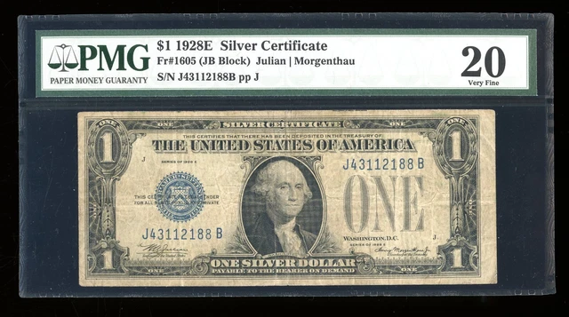 DBR Scarce 1928-E $1 Silver Fr. 1605 JB Block PMG VF-20 Serial J43112188B