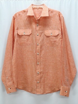 mens orange chambray J HILBURN shirt 100% LINEN button front woven italy Large