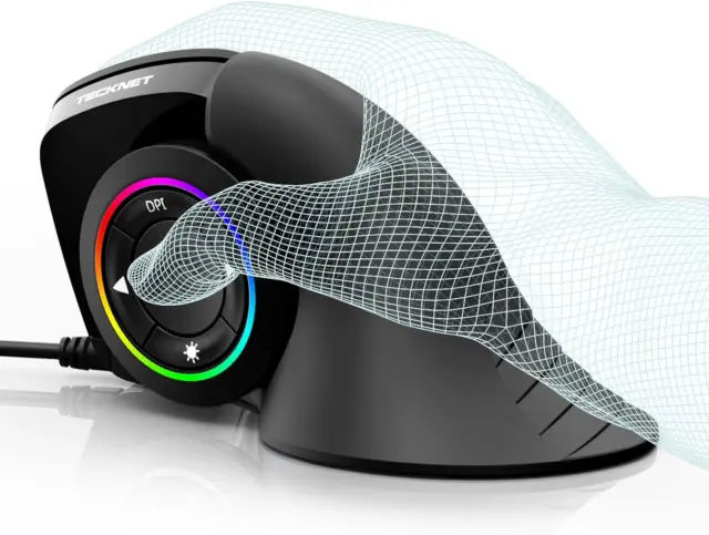 Mouse ergonomico cablato Tecknet, mouse verticale con illuminazione LED RGB, 6 regolazioni