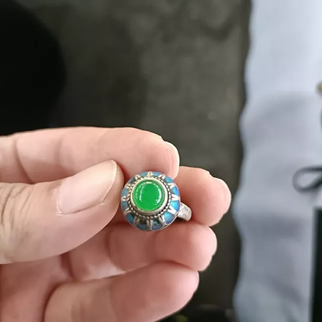 Exquisite Old Chinese tibet silver inlay green jade handmade jade Ring 6901