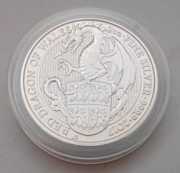 Queens Beasts Red Dragon of Wales 2 oz Fine Silver Coin 2017 - BU 9999 3