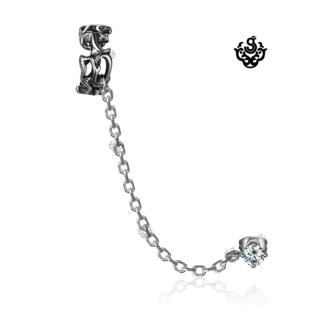 Silver ear cuff stainless steel clear crystal stud filigree chain single earring