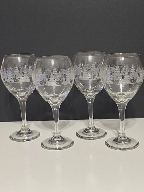 4 Count Arbys Gold Rimmed Winter White Pine Stemmed Goblet Libbey Wine Glasses