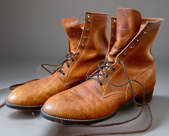 VINTAGE JUSTIN MENS 12D Tan Roper Lace Up Ankle Leather Soles Old Stock