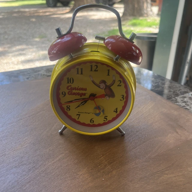 1998 Curious George Yellow Twin Red Bell  Alarm Clock, Schylling