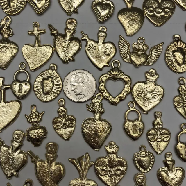 25 Milagro HEART Charms Mexican Folk Art GOLD All HEARTS Charm Lot