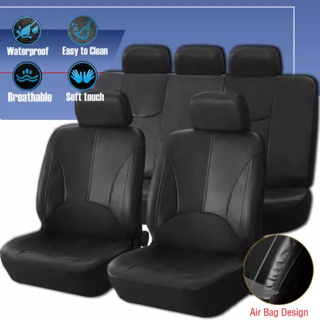 Black Leather 5-Sits Car Seat Covers Front Rear Full Interior Cushion Set 9Pcs