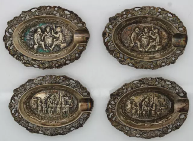 Set Of 4 Vintage Zilpla 90 Dutch Silver Plated Repousse Ashtrays 2.75 in Long