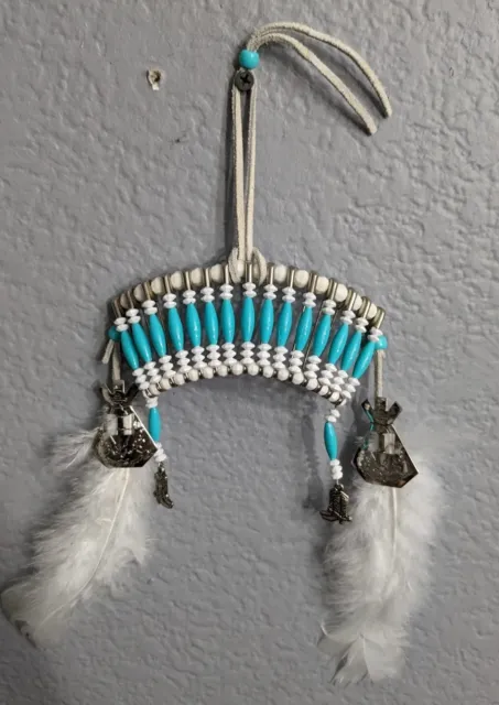 Native American Head Dress Rear View Mirror Charm White/Turquoise