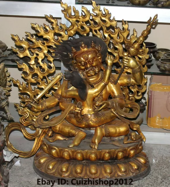 35" Tibet Bronze Gilt 6 Arms Mahākāla Dhammapala Protectio Deity Buddha statues