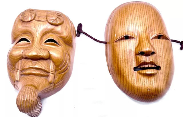 Two (2) Vtg NOH MASK Wood Carving ko-omote Young Woman & Happy Old Man