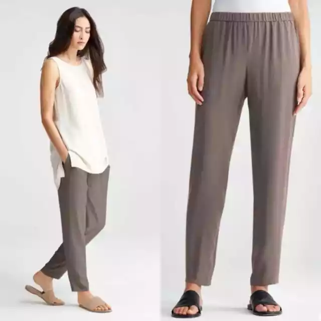Eileen Fisher System Silk Georgette Crepe Slouchy Ankle Pants Size L Pull On NEW