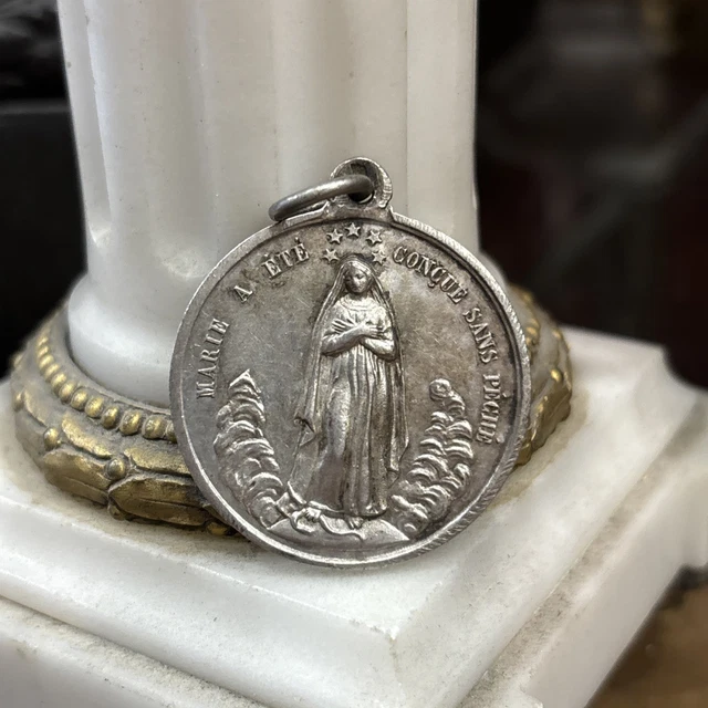 Broche Ancienne En Argent - Cœur Avec Vierge Et Fleurs - Occasion - Bijou Vintage Religieux