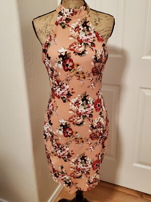 Haute Monde Women's Size L Peach Floral Halter Knit Sheath Bodycon Dress