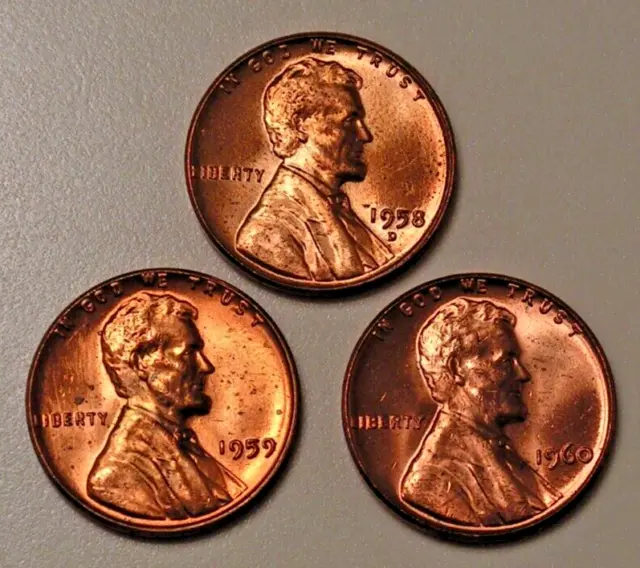 Lot of 3 Uncirculated Pennies 1958D Wheat Penny 1959 1960 No Mint Mark