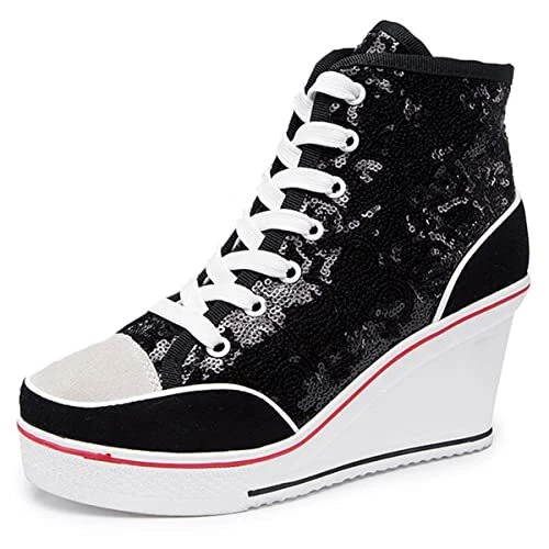 ALLINNINE Women's Sneaker Shoes High Heel Fashionable Canvas Shoes High Tube ...