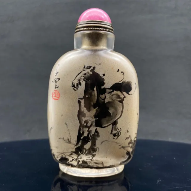 noble old Coloured glaze hand inside painting Running horse steed Snuff Bottle