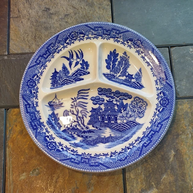 Antique Blue Willow Divided Dinner Plate Occupied Japan Tashiro Shoten Vtg