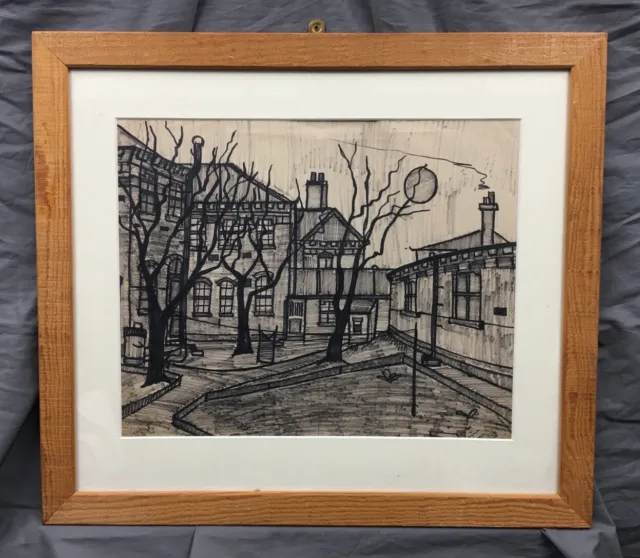 Mid 20th Century English Naive School Ink & Gouache Period Landscape Painting.