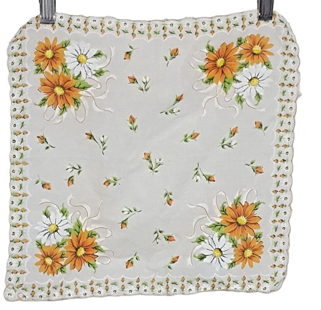 Vintage Handkerchief Womens Hanky Pocket Scarf White Orange Floral Daisies