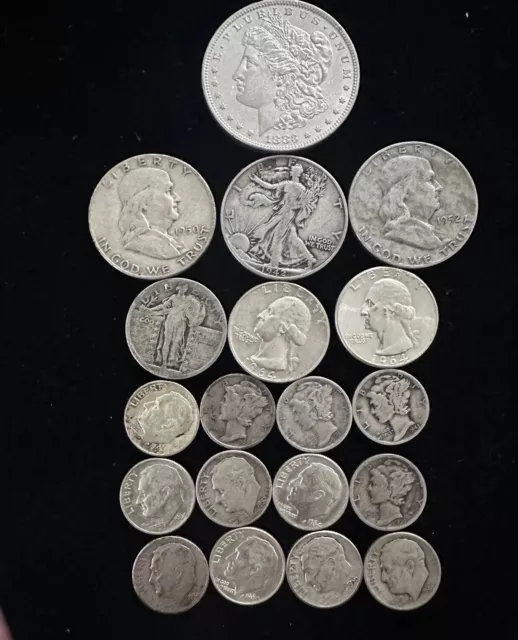 90% Junk Silver Lot~ 19 Coins Total (1 Morgan) ~ Approx 4 Ounce- See Description