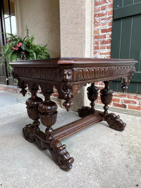 Antique French Carved Oak Dolphin Library Table Desk Renaissance Gothic 19th c