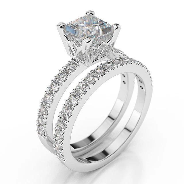 5 3/4 KT Moissanite Fidanzamento Set Anello Principessa D-F / VVS1 14K White Oro