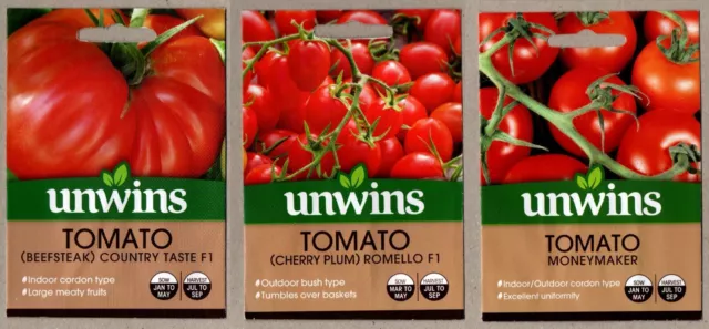 3 Packets Unwins Tomato Seeds - Beefsteak , Romello, Moneymaker - Good To 12/24