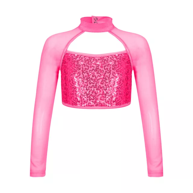 T-shirt bambine paillettes lucide top in rete maniche lunghe costume da ballo jazz