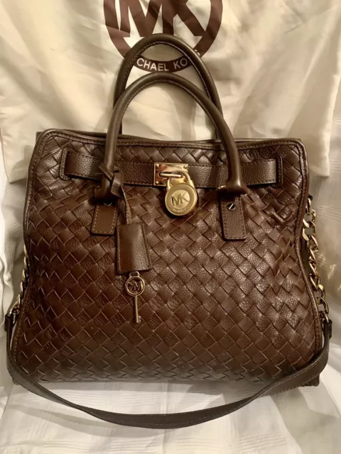 MICHAEL KORS LARGE HAMILTON WOVEN LEATHER DK BROWN TOTE BAG w/DUST BAG~Flawless!