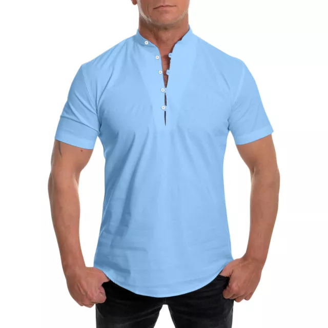 Mens Short Sleeve Stand Up Collar Casual Summer Beach Plain Button Up T Shirt