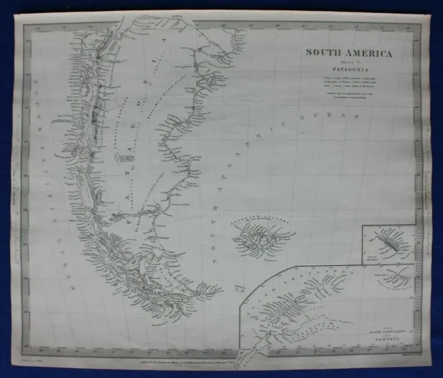 SOUTH AMERICA V, PATAGONIA, ARGENTINA, FALKLANDS, original antique map SDUK 1844
