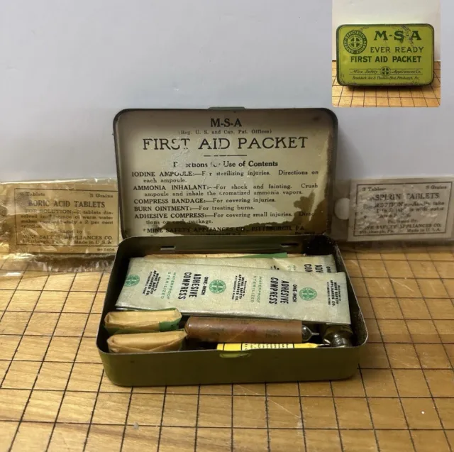 Antique MSA Ever Ready First Aid Packet NOS Mine Safety Kit Pittsburgh PA Tin