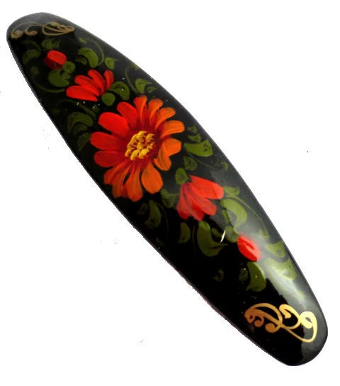 Barrettes Cheveux Papier Mâché Peint Main Laqué - Style Zhostovo Fleurs Et Baies, Artisanat Russe, Multicolore