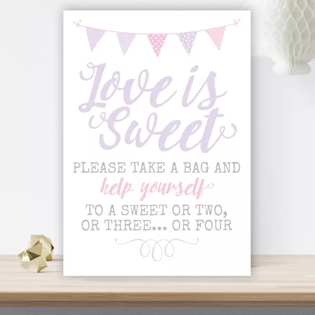 Lilac & Pink Bunting Love Is Sweet Table Sign Candy For Wedding Party (LIB3)