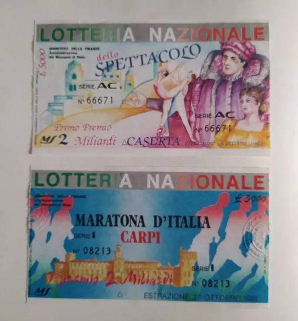 Biglietti lotteria nazionale anno 1991, 2 pezzi