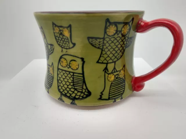 Pier One Owl Mug (1) Green Hand Painted Orange inside Red Handle 3 inches 8 oz