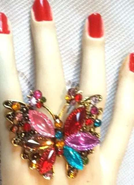 Bague réglable papillon avec strass multicolormétal doré,garanti sans nickel